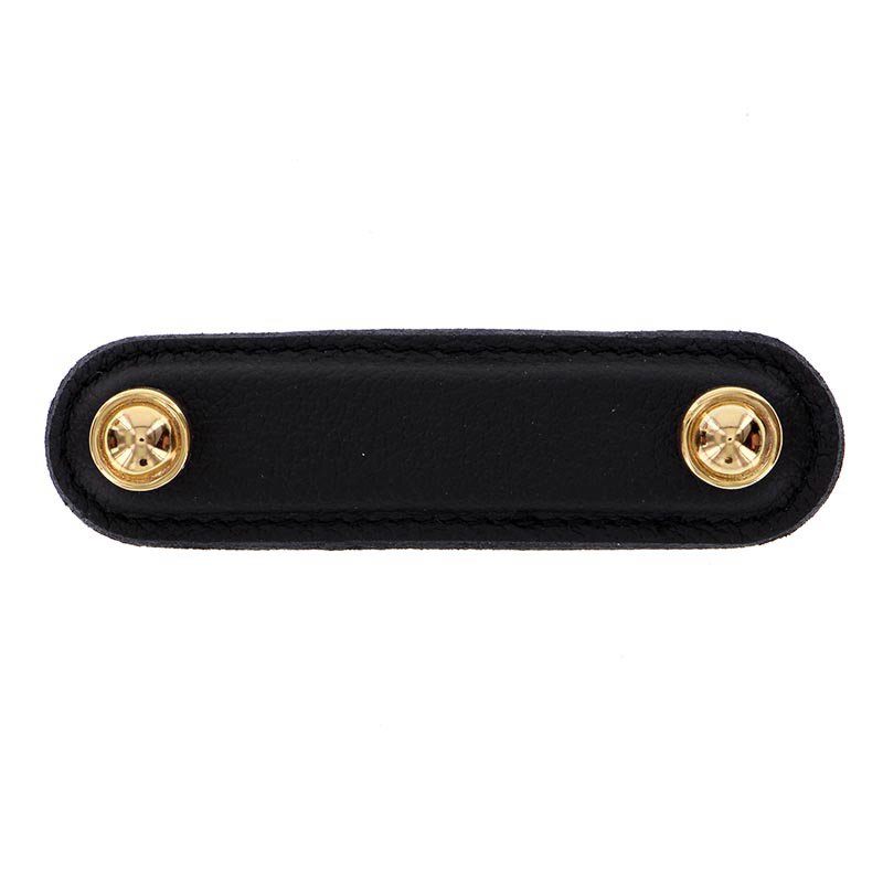 Vicenza Hardware Leather Collection 3" (76mm) Magrini Pull in Black Leather in Polished Gold