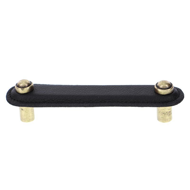 Vicenza Hardware Leather Collection 4" (102mm) Magrini Pull in Black Leather in Antique Brass
