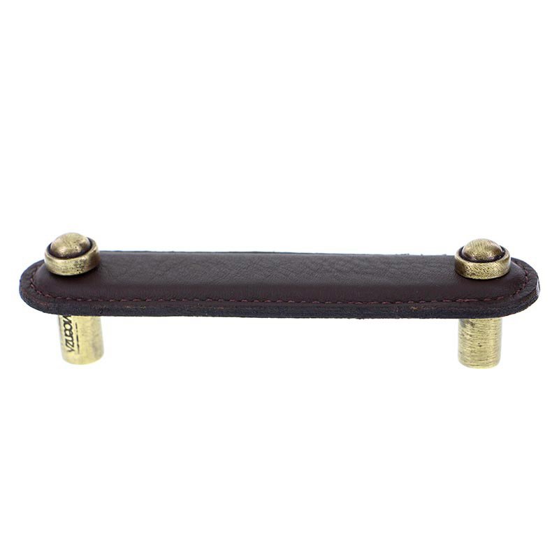 Vicenza Hardware Leather Collection 4" (102mm) Magrini Pull in Brown Leather in Antique Brass