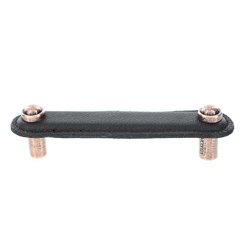 Vicenza Hardware Leather Collection 4" (102mm) Magrini Pull in Black Leather in Antique Copper