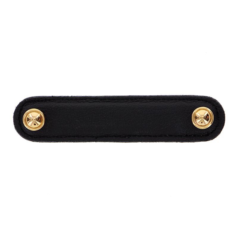 Vicenza Hardware Leather Collection 4" (102mm) Magrini Pull in Black Leather in Polished Gold