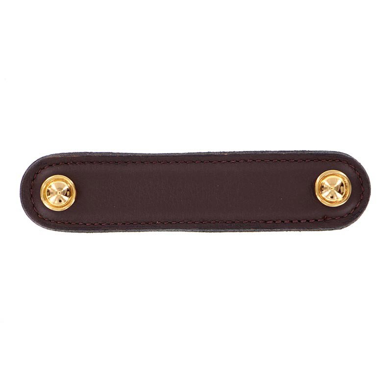 Vicenza Hardware Leather Collection 4" (102mm) Magrini Pull in Brown Leather in Polished Gold