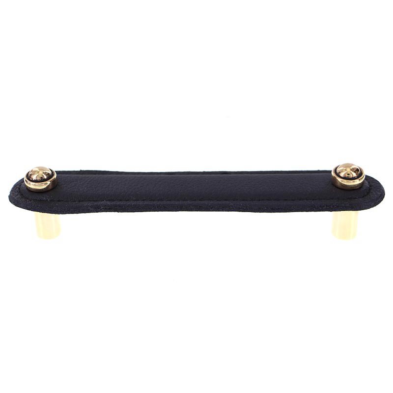 Vicenza Hardware Leather Collection 5" (128mm) Magrini Pull in Black Leather in Antique Gold