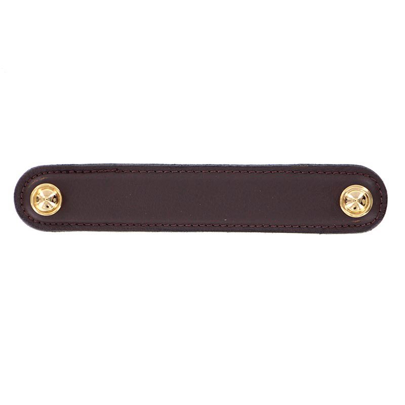 Vicenza Hardware Leather Collection 5" (128mm) Magrini Pull in Brown Leather in Polished Gold