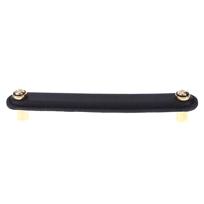 Vicenza Hardware Leather Collection 6" (152mm) Magrini Pull in Black Leather in Antique Gold