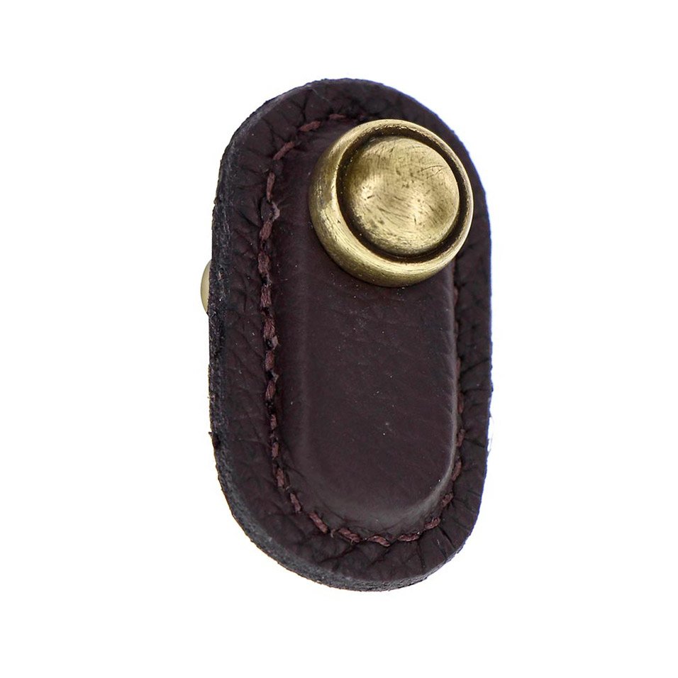 Vicenza Hardware Leather Collection Magrini Knob in Brown Leather in Antique Brass