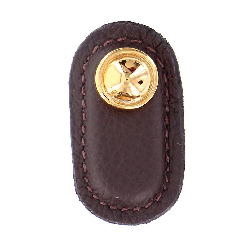 Vicenza Hardware Leather Collection Magrini Knob in Brown Leather in Polished Gold