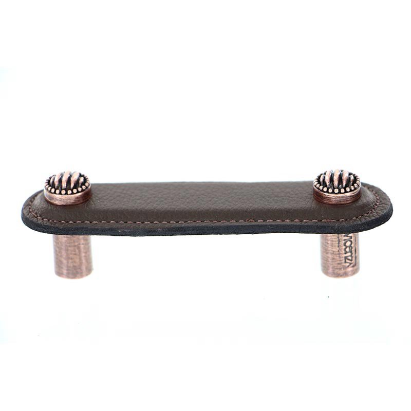Vicenza Hardware Leather Collection 3" (76mm) Sanzio Pull in Brown Leather in Antique Copper