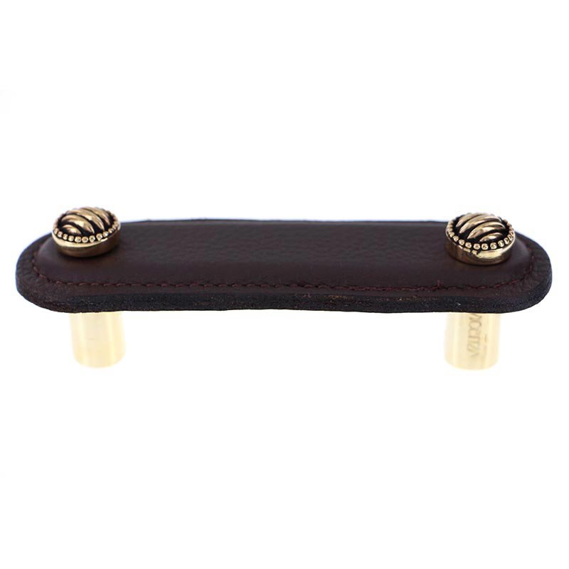 Vicenza Hardware Leather Collection 3" (76mm) Sanzio Pull in Brown Leather in Antique Gold