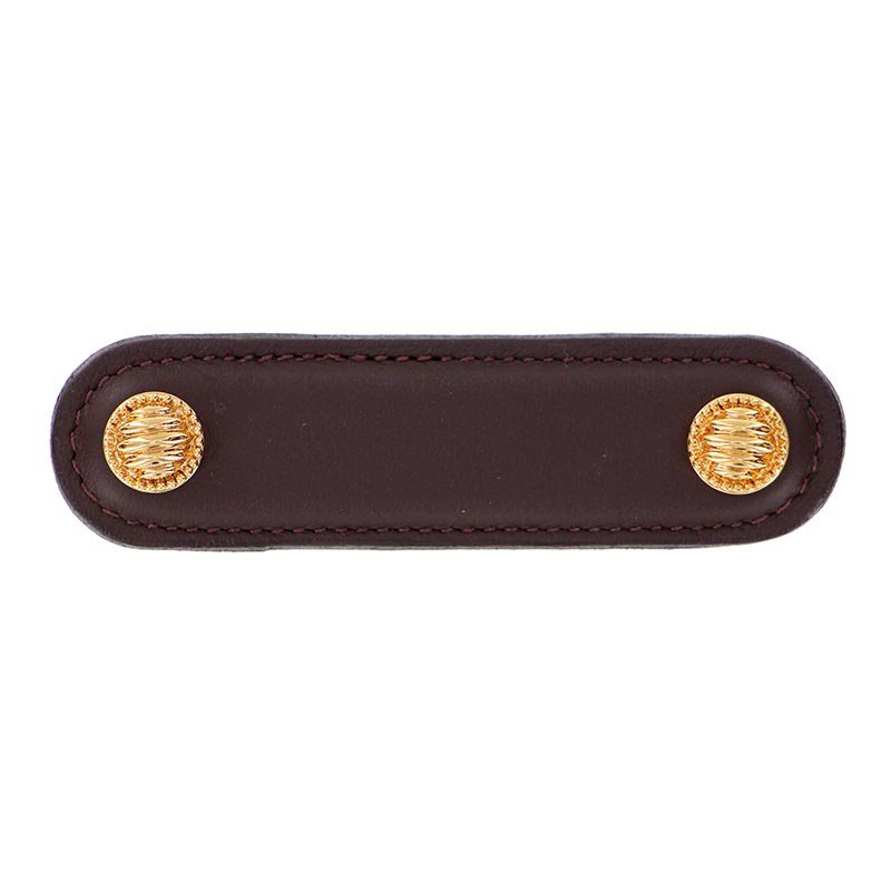 Vicenza Hardware Leather Collection 3" (76mm) Sanzio Pull in Brown Leather in Polished Gold