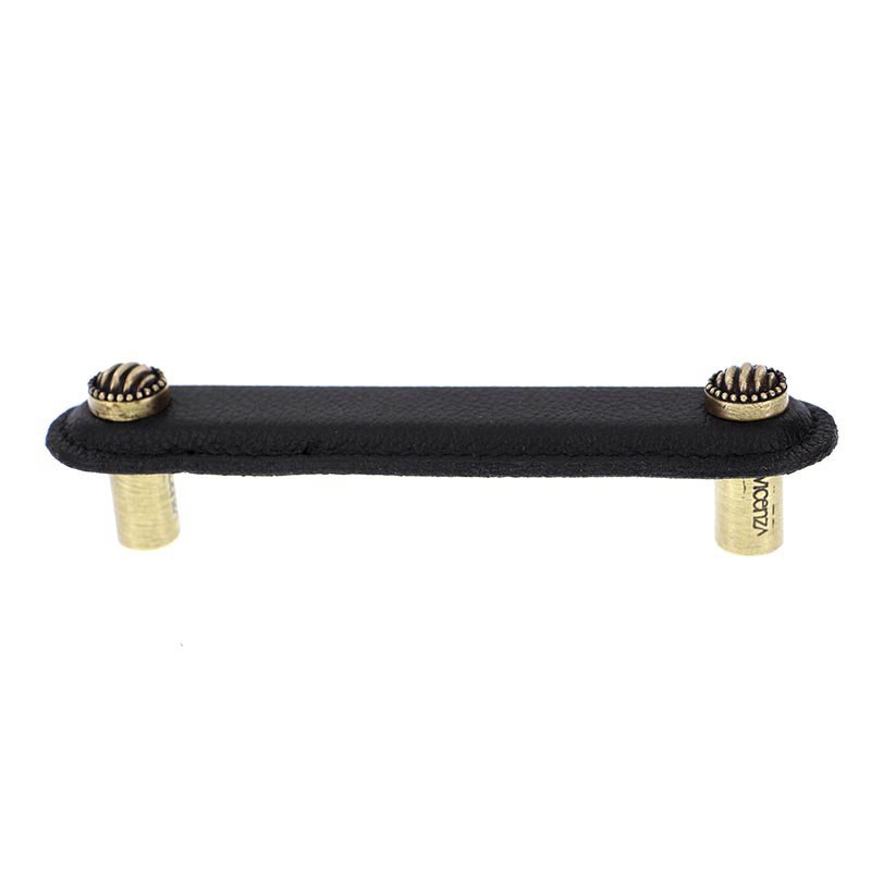 Vicenza Hardware Leather Collection 4" (102mm) Sanzio Pull in Black Leather in Antique Brass