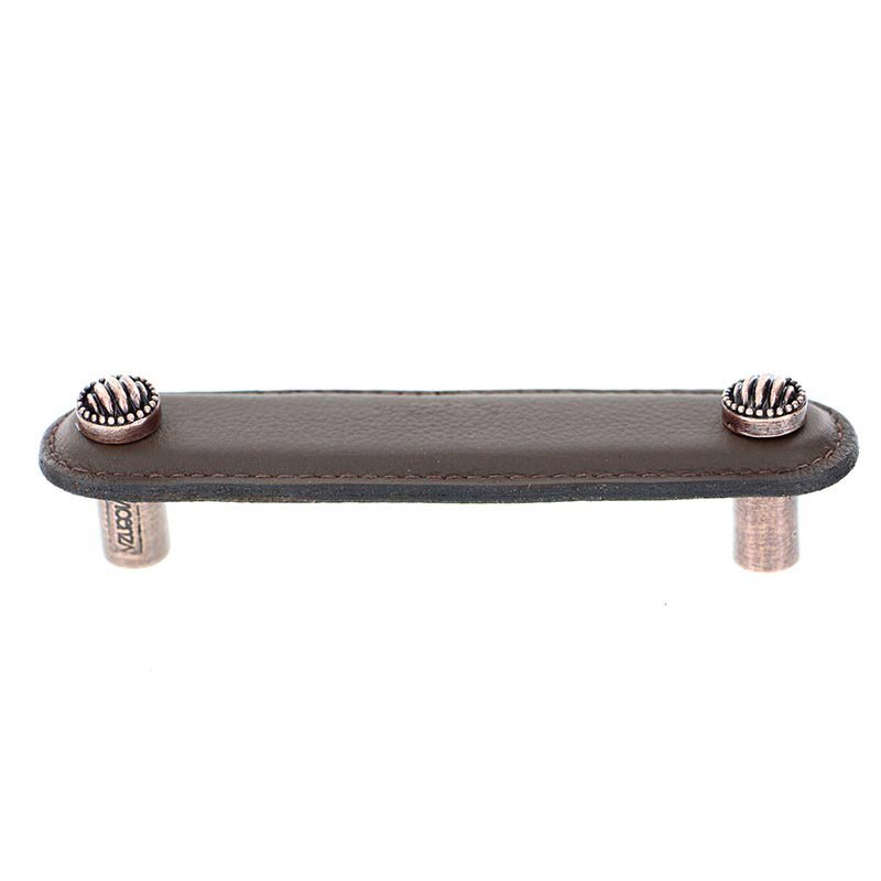 Vicenza Hardware Leather Collection 4" (102mm) Sanzio Pull in Brown Leather in Antique Copper