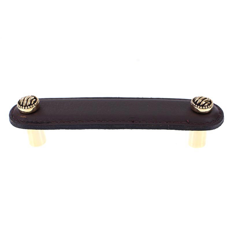 Vicenza Hardware Leather Collection 4" (102mm) Sanzio Pull in Brown Leather in Antique Gold