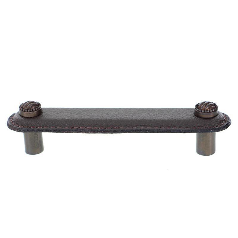 Vicenza Hardware Leather Collection 4" (102mm) Sanzio Pull in Brown Leather in Oil Rubbed Bronze