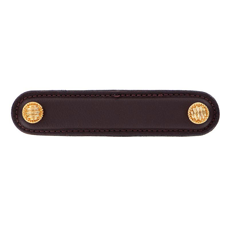 Vicenza Hardware Leather Collection 4" (102mm) Sanzio Pull in Brown Leather in Polished Gold