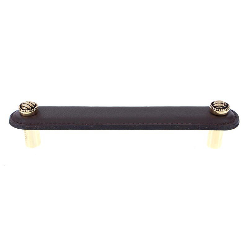 Vicenza Hardware Leather Collection 5" (128mm) Sanzio Pull in Brown Leather in Antique Gold