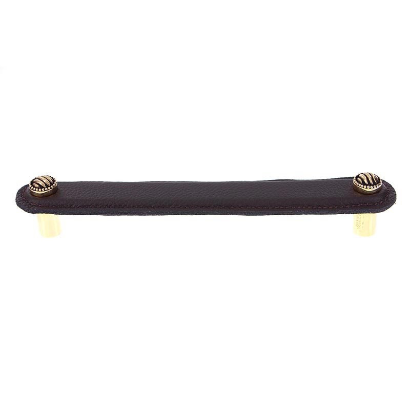 Vicenza Hardware Leather Collection 6" (152mm) Sanzio Pull in Brown Leather in Antique Gold