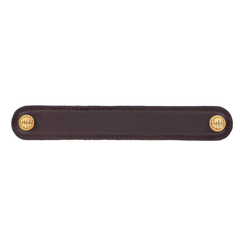 Vicenza Hardware Leather Collection 6" (152mm) Sanzio Pull in Brown Leather in Polished Gold