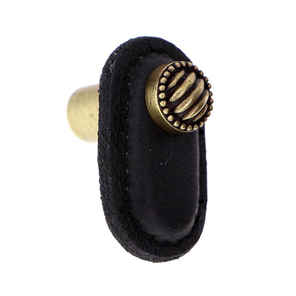 Vicenza Hardware Leather Collection Sanzio Knob in Black Leather in Antique Brass