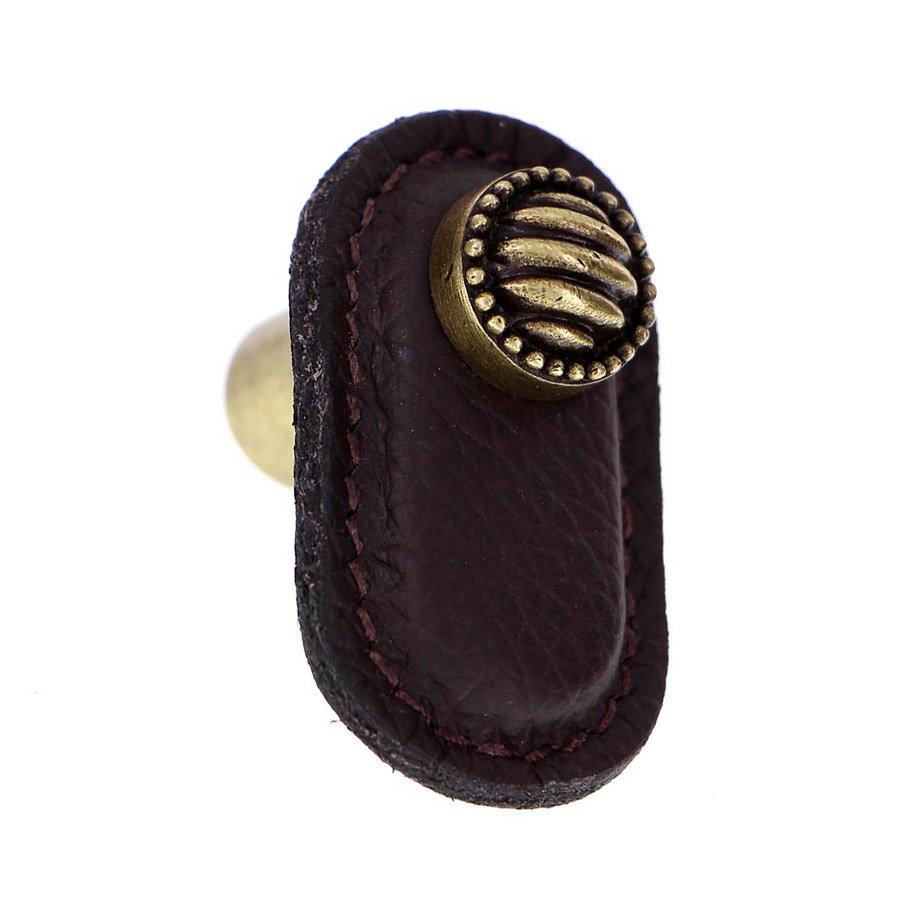Vicenza Hardware Leather Collection Sanzio Knob in Brown Leather in Antique Brass