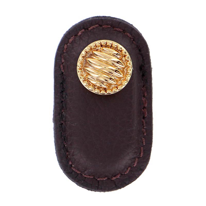 Vicenza Hardware Leather Collection Sanzio Knob in Brown Leather in Polished Gold