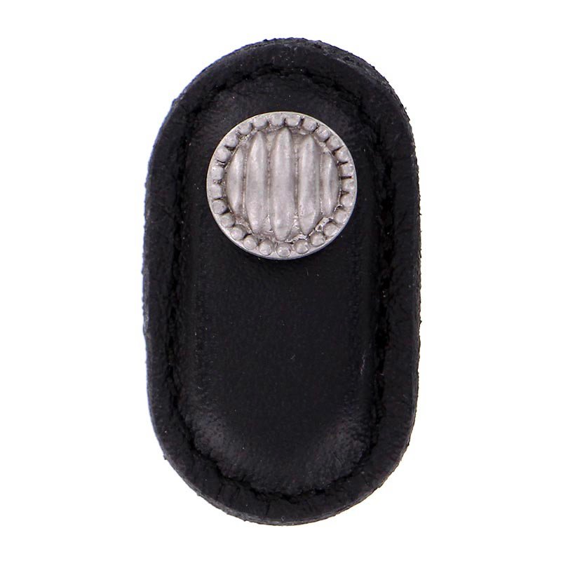Vicenza Hardware Leather Collection Sanzio Knob in Black Leather in Satin Nickel
