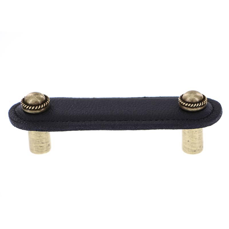 Vicenza Hardware Leather Collection 3" (76mm) Cappello Pull in Black Leather in Antique Brass