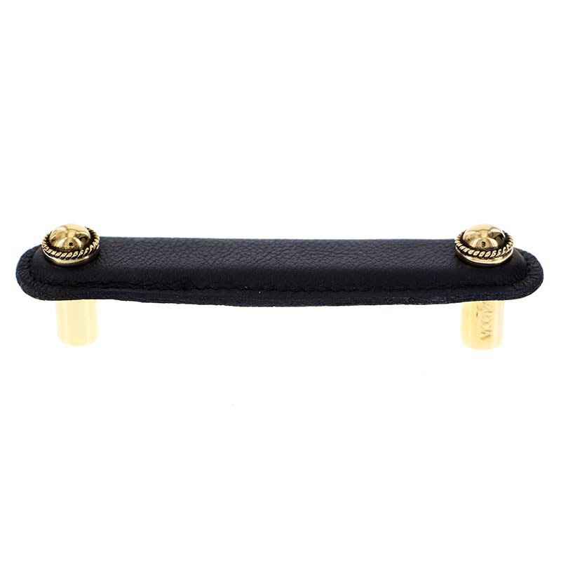 Vicenza Hardware Leather Collection 4" (102mm) Cappello Pull in Black Leather in Antique Gold