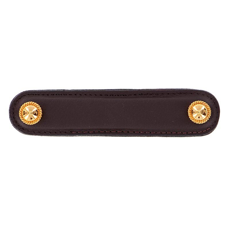 Vicenza Hardware Leather Collection 4" (102mm) Cappello Pull in Brown Leather in Polished Gold