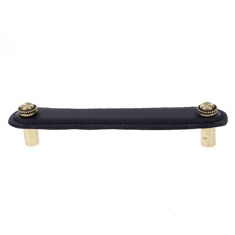 Vicenza Hardware Leather Collection 5" (128mm) Cappello Pull in Black Leather in Antique Brass