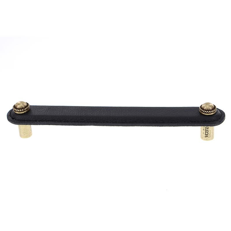 Vicenza Hardware Leather Collection 6" (152mm) Cappello Pull in Black Leather in Antique Brass