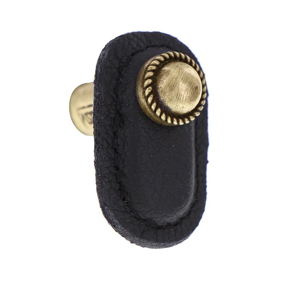 Vicenza Hardware Leather Collection Cappello Knob in Black Leather in Antique Brass