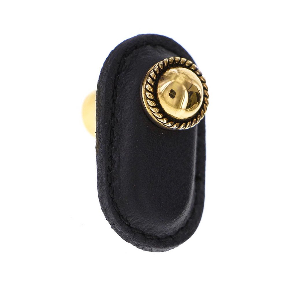 Vicenza Hardware Leather Collection Cappello Knob in Black Leather in Antique Gold
