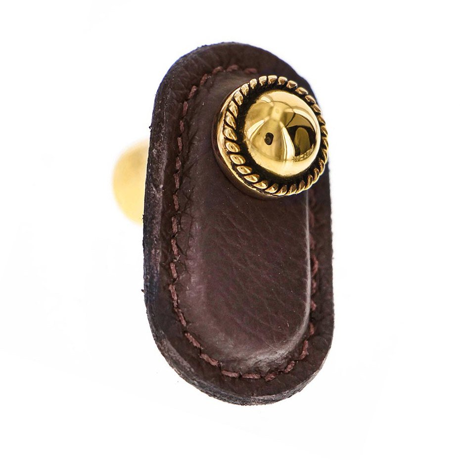 Vicenza Hardware Leather Collection Cappello Knob in Brown Leather in Antique Gold