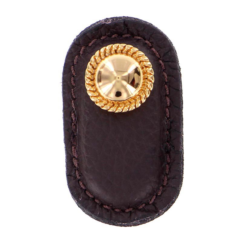 Vicenza Hardware Leather Collection Cappello Knob in Brown Leather in Polished Gold