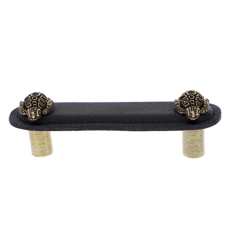 Vicenza Hardware Leather Collection 3" (76mm) Tartaruga Pull in Black Leather in Antique Brass