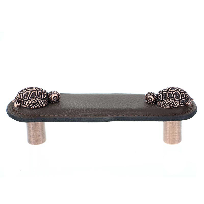 Vicenza Hardware Leather Collection 3" (76mm) Tartaruga Pull in Brown Leather in Antique Copper