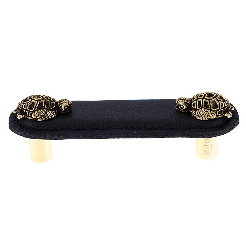 Vicenza Hardware Leather Collection 3" (76mm) Tartaruga Pull in Black Leather in Antique Gold