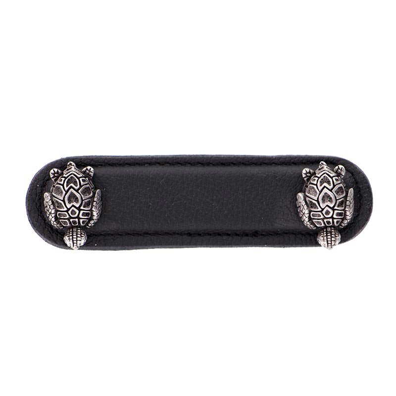 Vicenza Hardware Leather Collection 3" (76mm) Tartaruga Pull in Black Leather in Antique Nickel