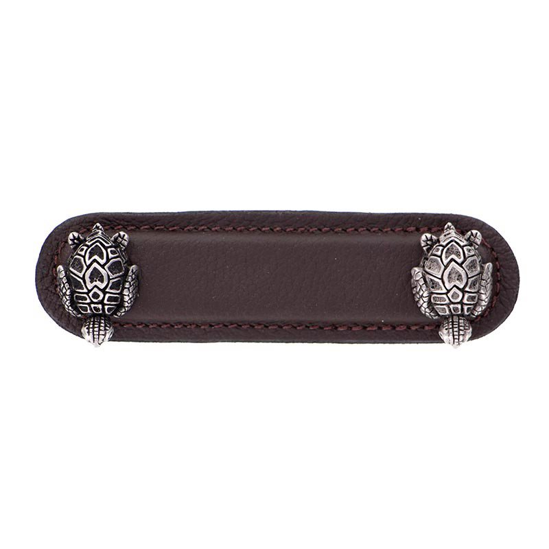 Vicenza Hardware Leather Collection 3" (76mm) Tartaruga Pull in Brown Leather in Antique Nickel