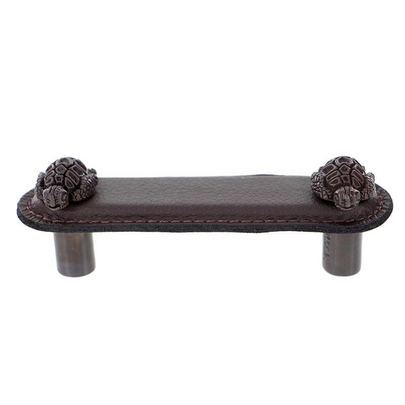 Vicenza Hardware Leather Collection 3" (76mm) Tartaruga Pull in Brown Leather in Oil Rubbed Bronze