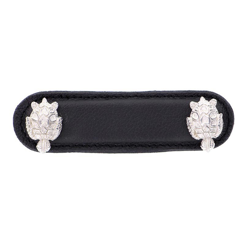 Vicenza Hardware Leather Collection 3" (76mm) Tartaruga Pull in Black Leather in Polished Silver
