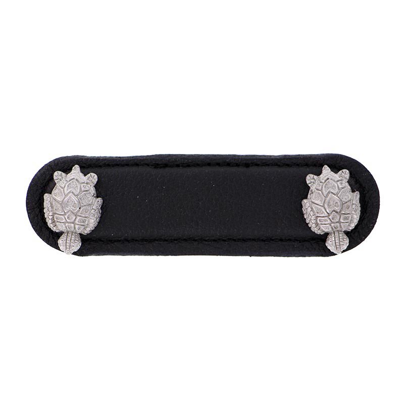 Vicenza Hardware Leather Collection 3" (76mm) Tartaruga Pull in Black Leather in Satin Nickel