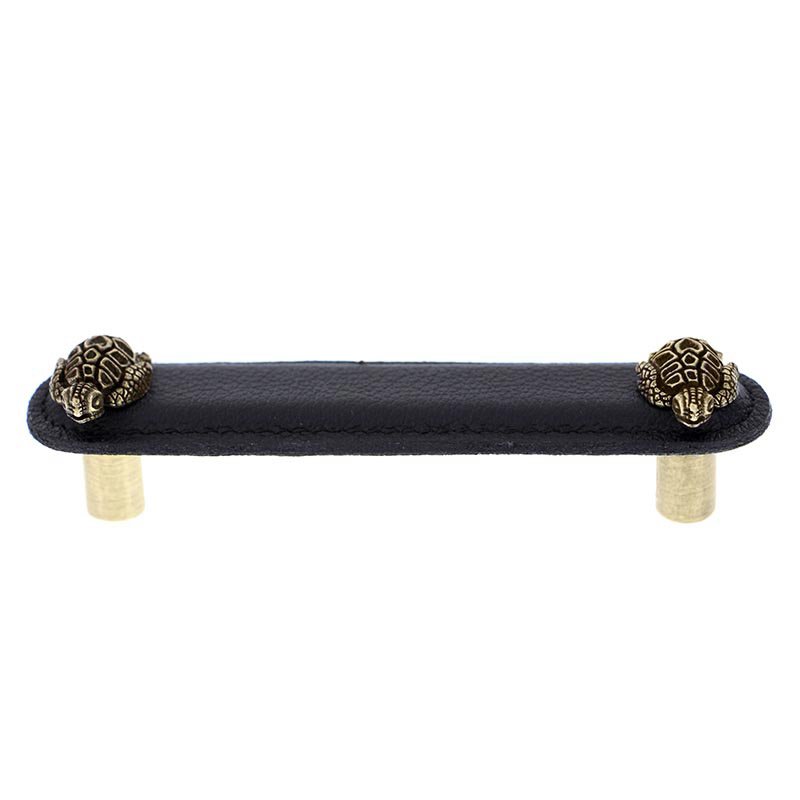 Vicenza Hardware Leather Collection 4" (102mm) Tartaruga Pull in Black Leather in Antique Brass