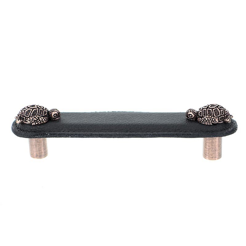 Vicenza Hardware Leather Collection 4" (102mm) Tartaruga Pull in Black Leather in Antique Copper