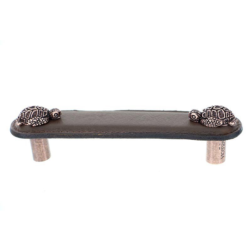 Vicenza Hardware Leather Collection 4" (102mm) Tartaruga Pull in Brown Leather in Antique Copper