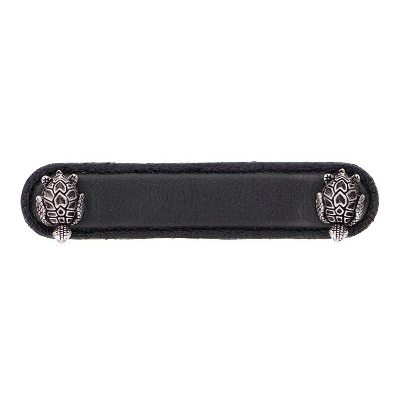 Vicenza Hardware Leather Collection 4" (102mm) Tartaruga Pull in Black Leather in Antique Nickel