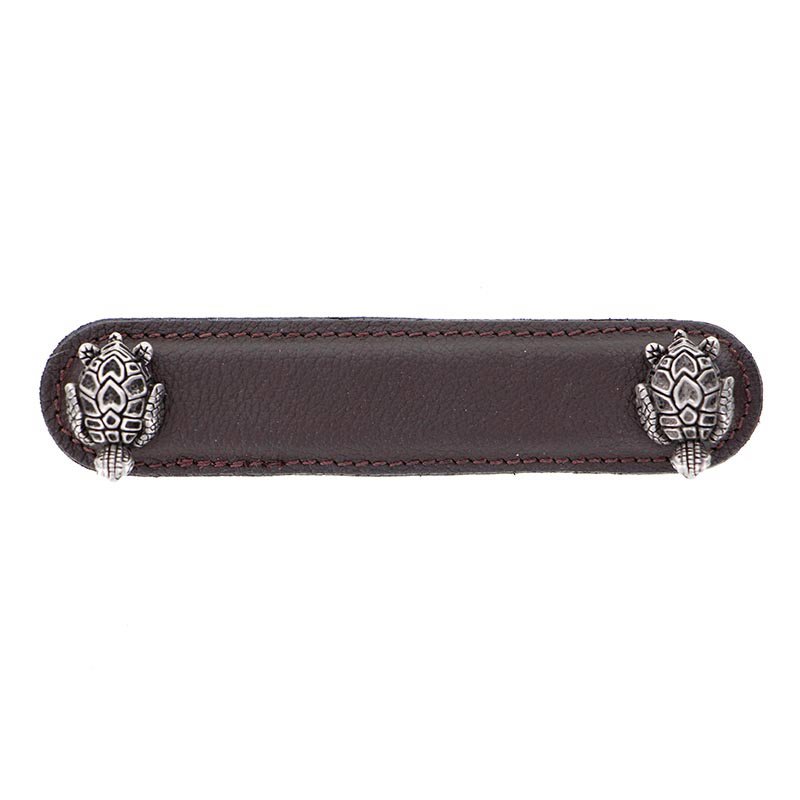 Vicenza Hardware Leather Collection 4" (102mm) Tartaruga Pull in Brown Leather in Antique Nickel