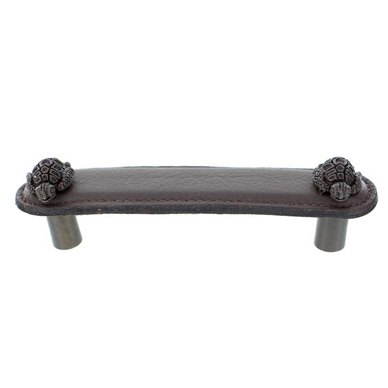 Vicenza Hardware Leather Collection 4" (102mm) Tartaruga Pull in Brown Leather in Oil Rubbed Bronze