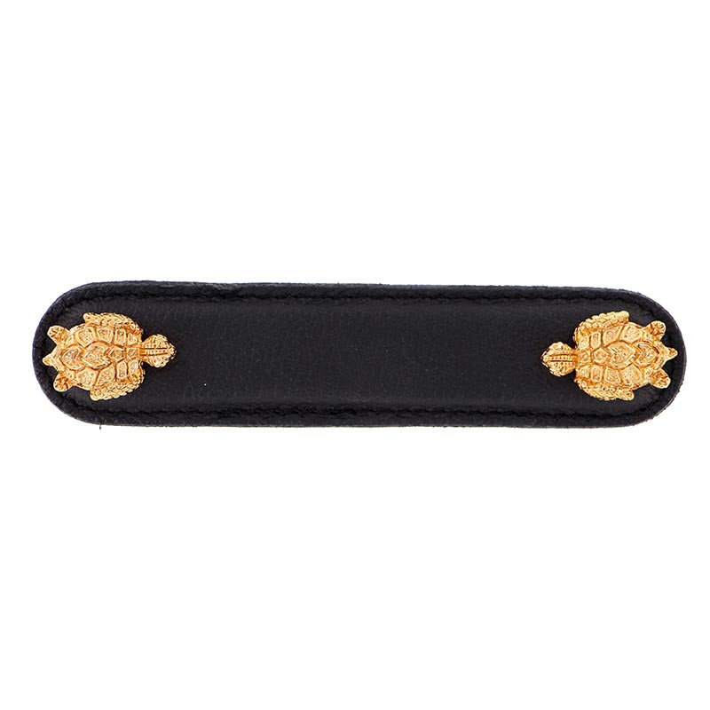 Vicenza Hardware Leather Collection 4" (102mm) Tartaruga Pull in Black Leather in Polished Gold